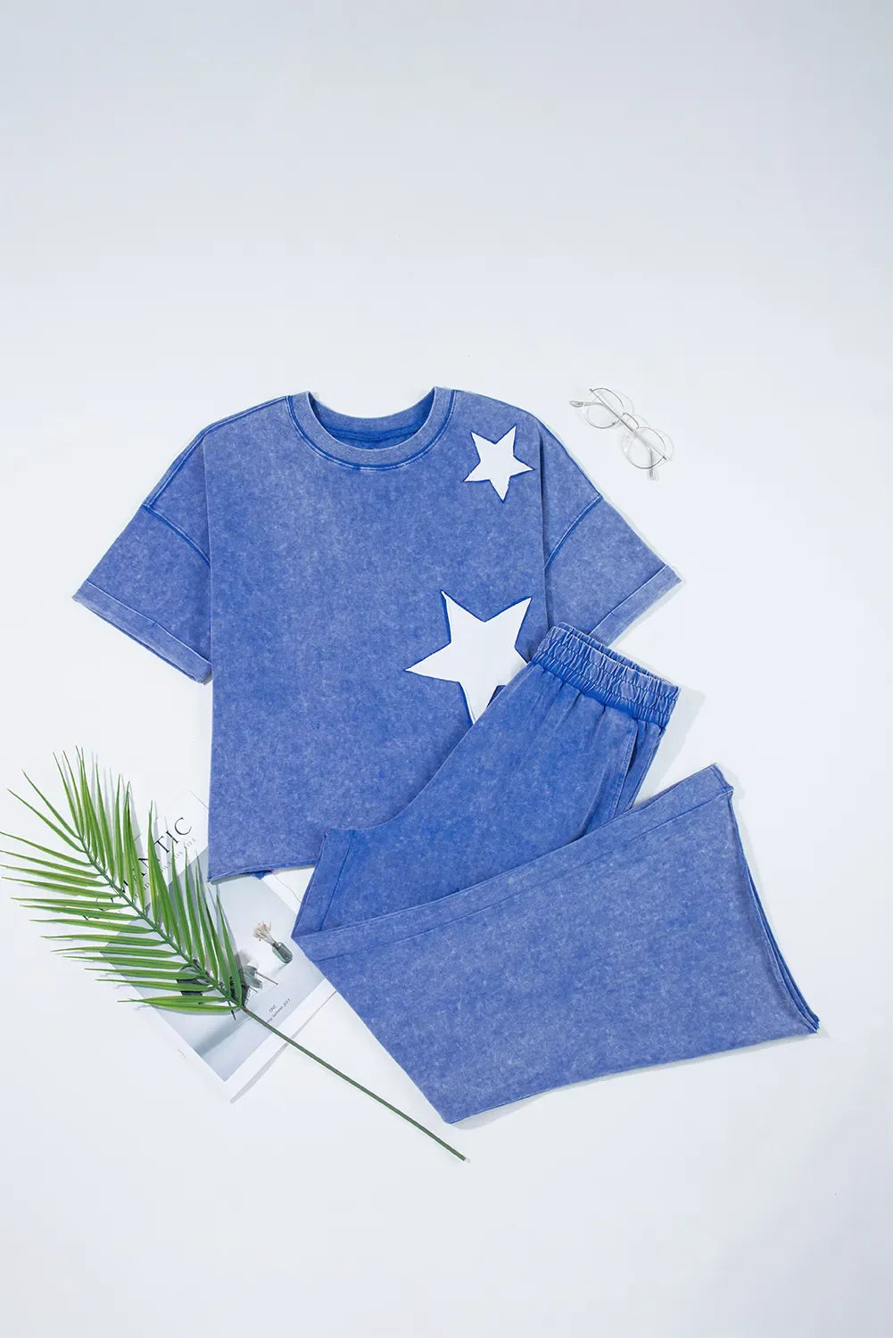 Acid Wash Star Patched Rolled Trim Top and Pants Set - Product side view by Simply Love