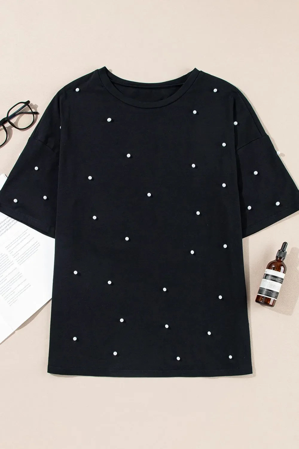 Pearl Beaded Round Neck Half Sleeve T Shirt