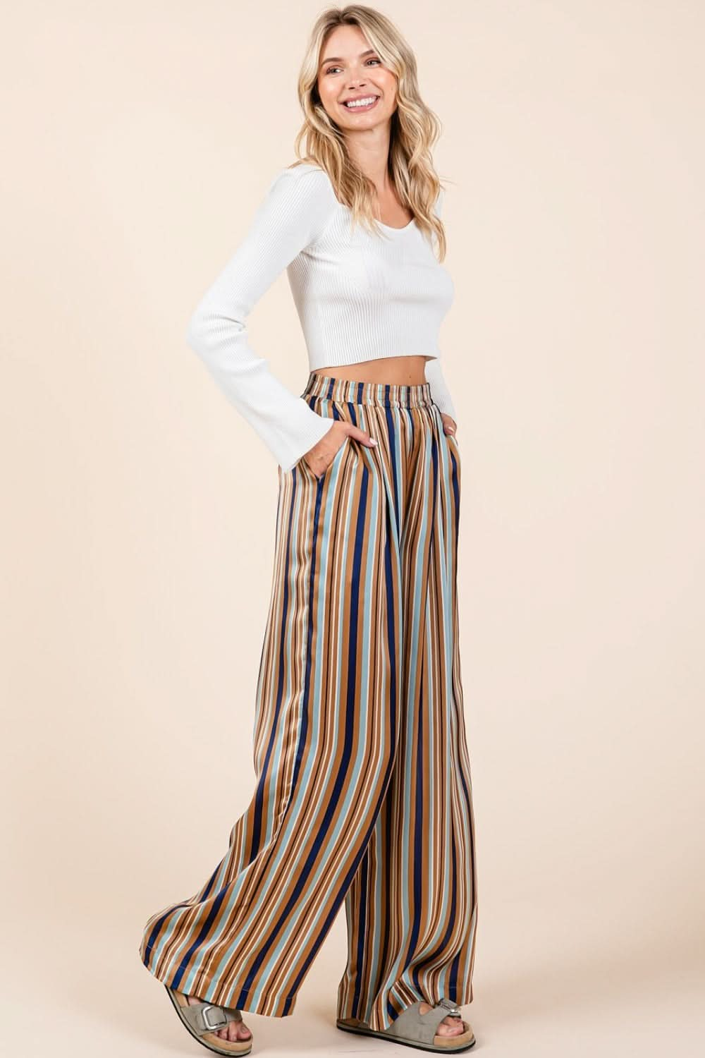 Chic Striped Satin Wide Leg Pants with Elastic Waist and Pockets