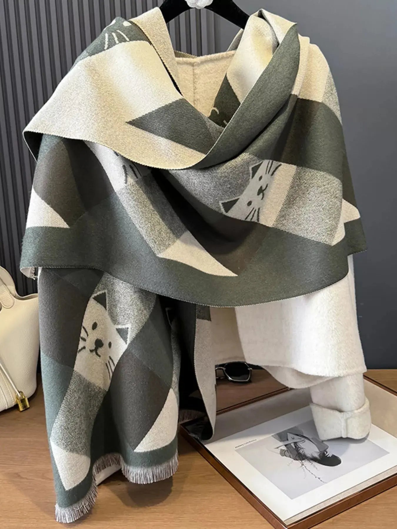 Cute Cat Pattern Plaid Raw Hem Scarf Simply Love