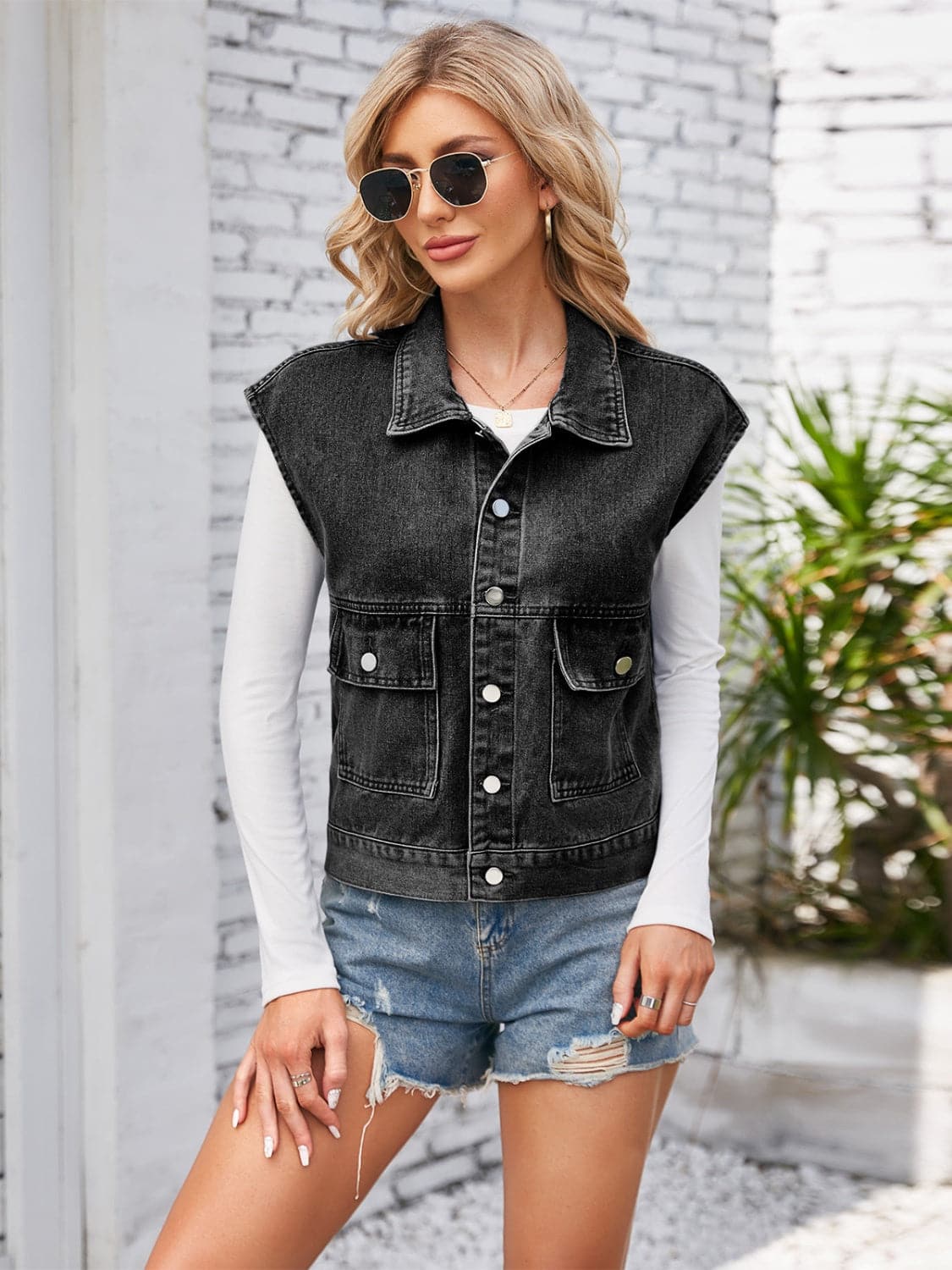 Cap Sleeve Denim Jacket with Pockets.