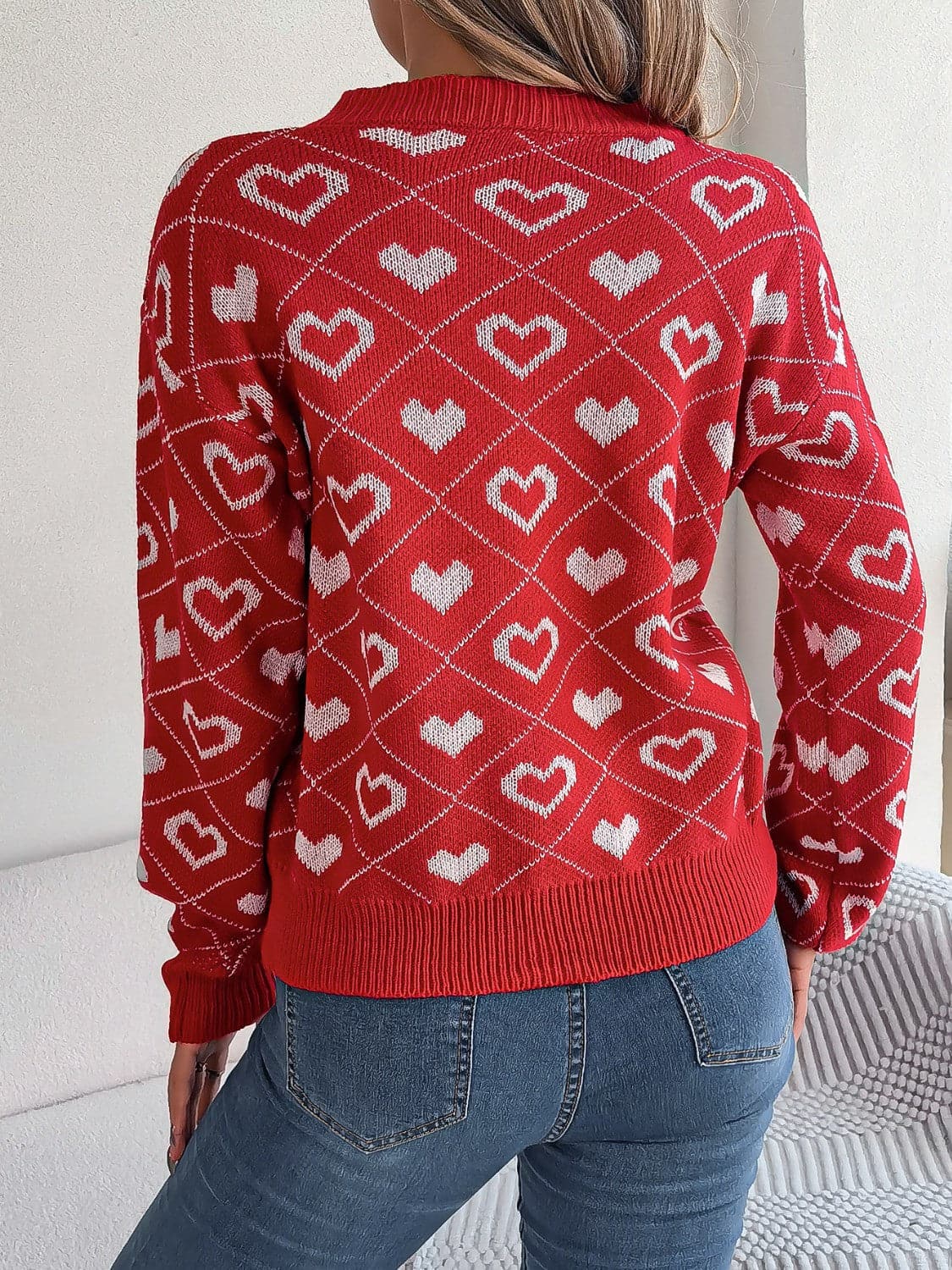 Heart Pattern V-Neck Long Sleeve Sweater.