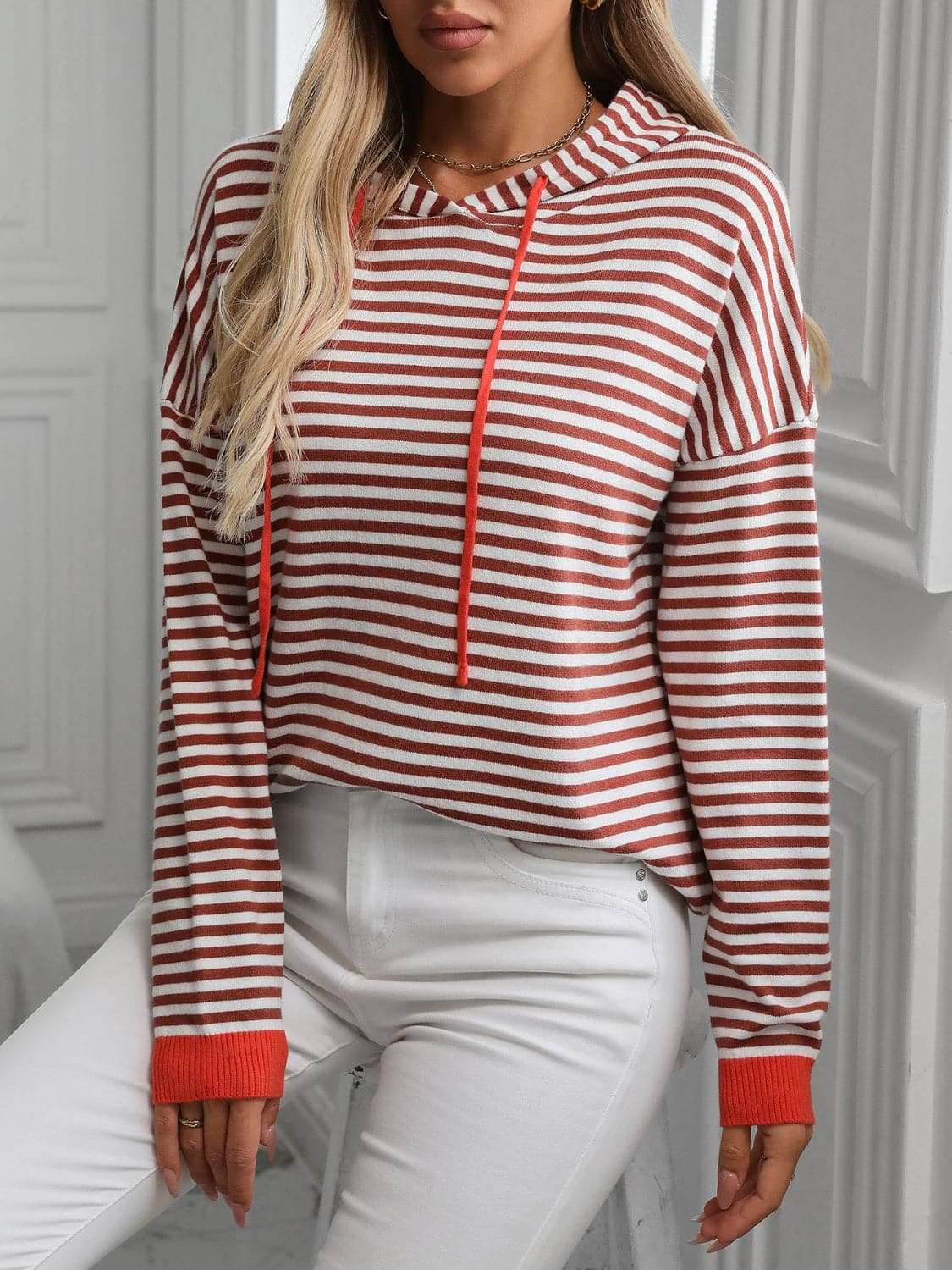 Striped Long Sleeve Hooded Knit Top.