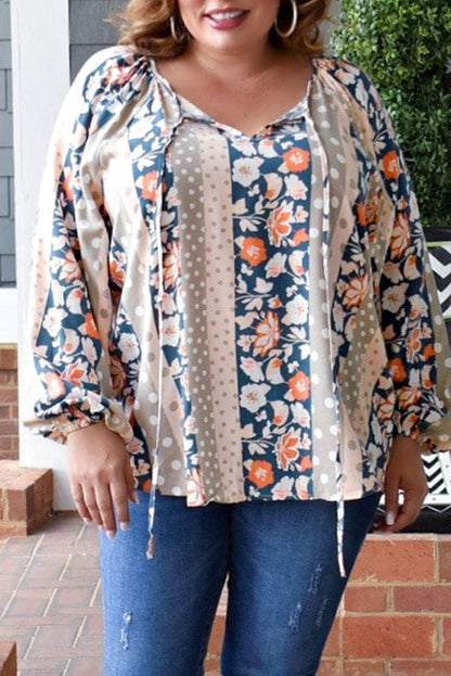 Colorful plus size mixed print blouse with split neckline