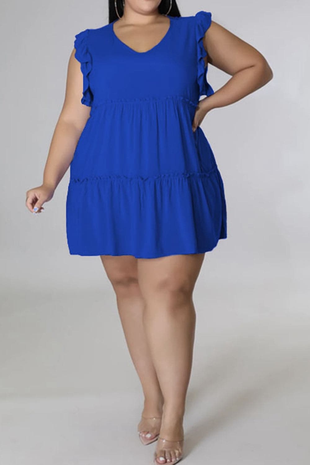 Plus Size V-Neck Frill Trim Mini Dress.