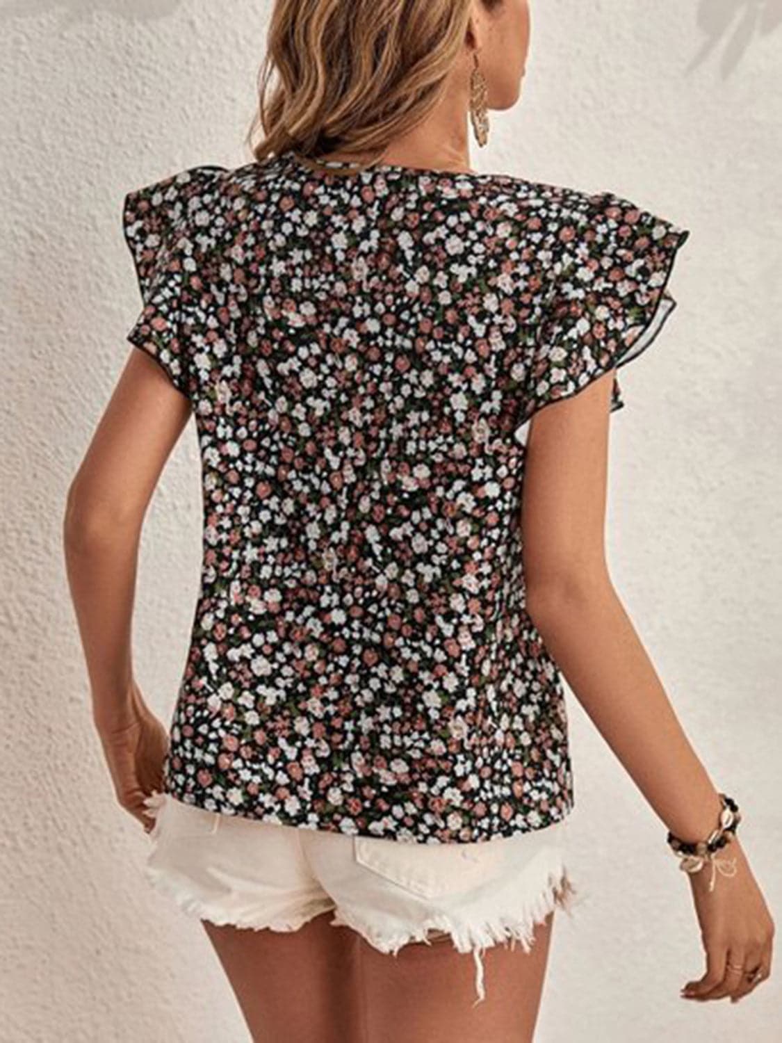 Ditsy Floral Round Neck Cap Sleeve Top.