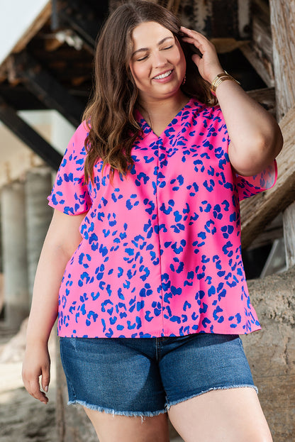 Chic rose and leopard print plus size V-neck blouse