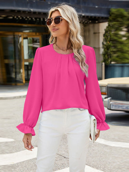 Round Neck Flounce Sleeve Top.