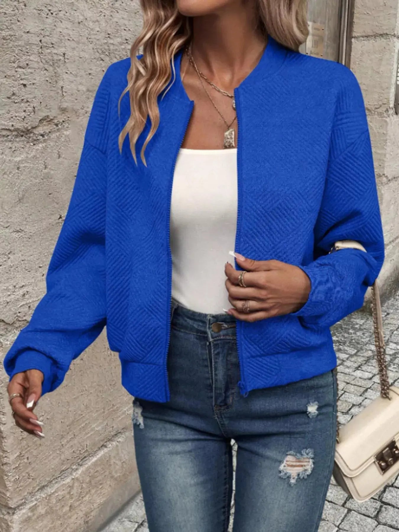 Textured Knit Zip-Up Bomber Jacket Simply Love