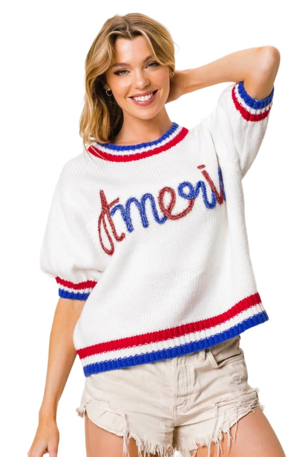 BiBi Metallic America Letter Short Sleeve Sweater.