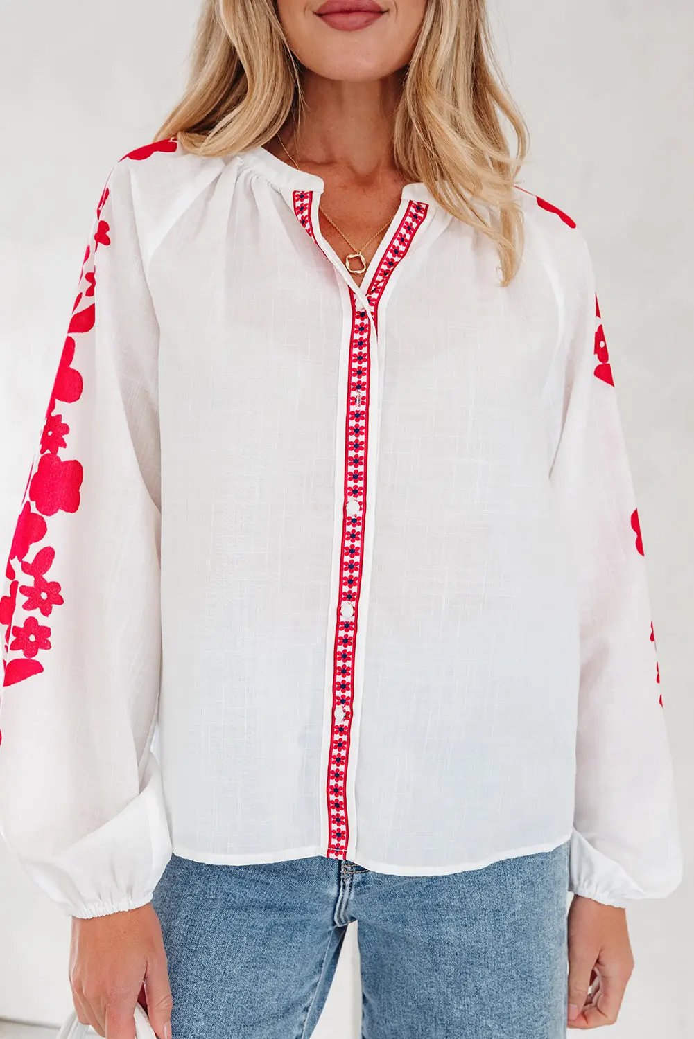 Premium White Floral Embroidered Puff Long Sleeve Casual Shirt Dear-Lover Dropshipping