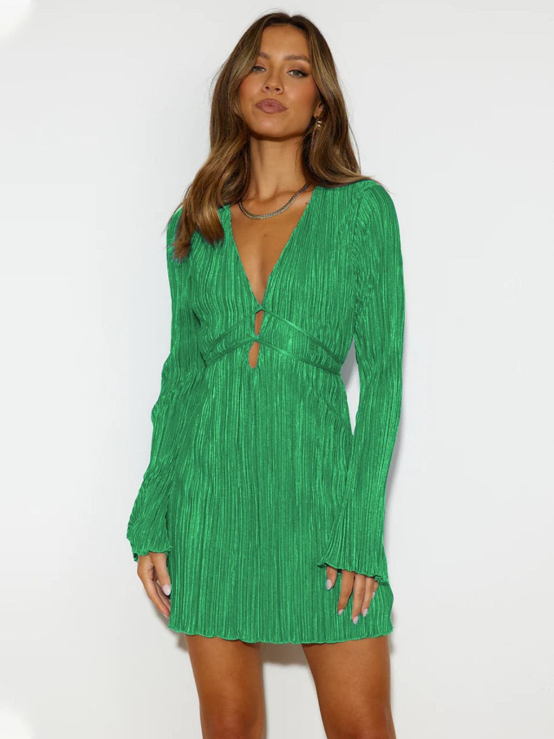 Tied Plunge Flare Sleeve Mini Dress.