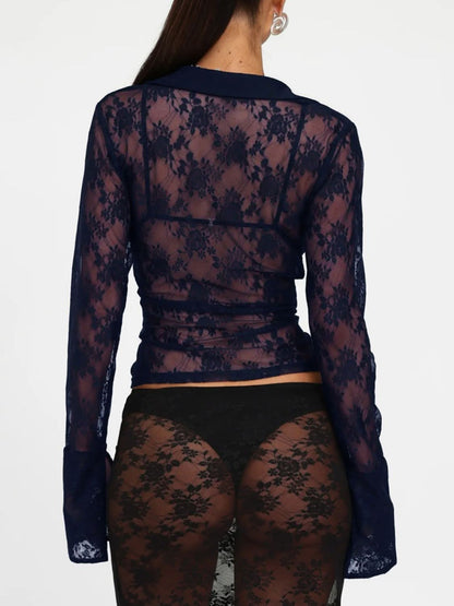 Luxe Sheer Lace Long Sleeve Top with Slit Detail