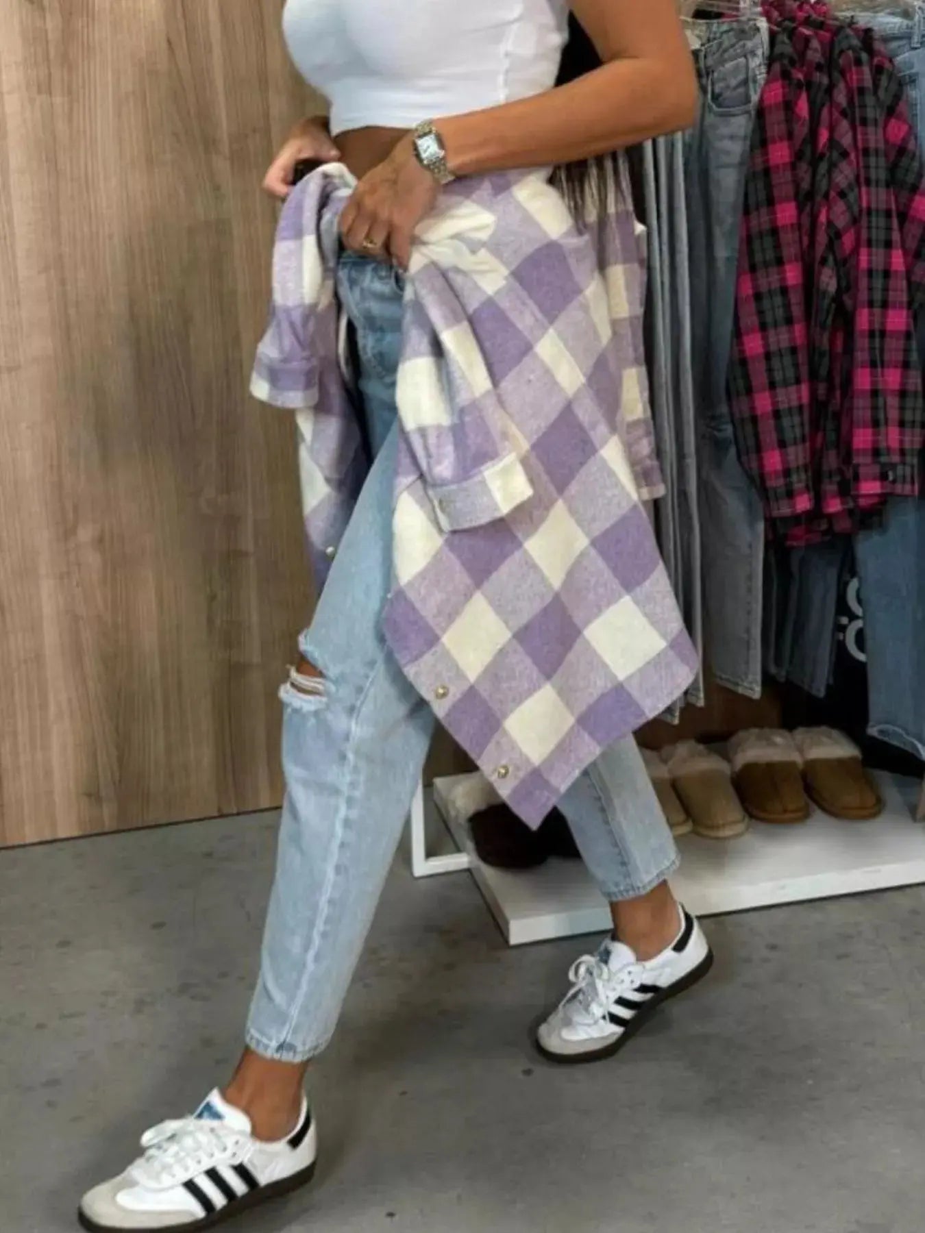 Pink Plaid Shacket With Button Front And Pockets Long Sleeve Simply Love