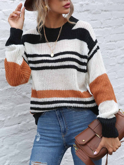 Striped chic round neck long sleeve sweater