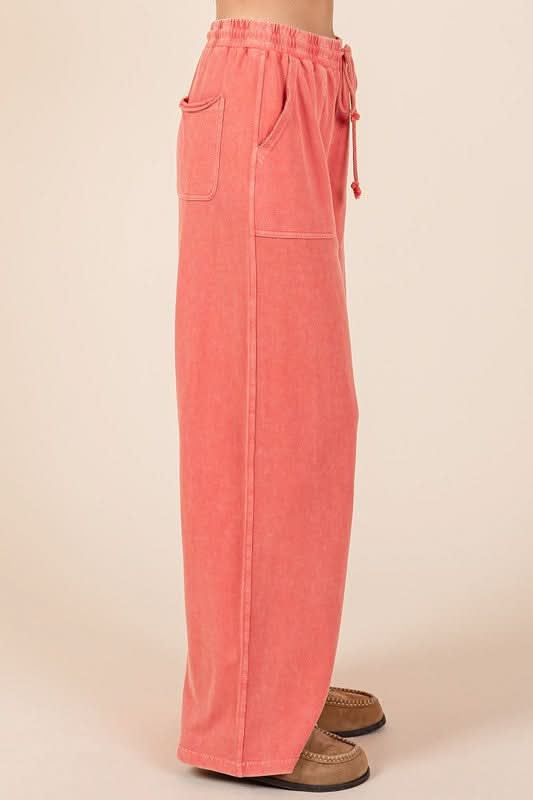 Chic Mineral Wash Wide Leg Drawstring Pants in French Terry