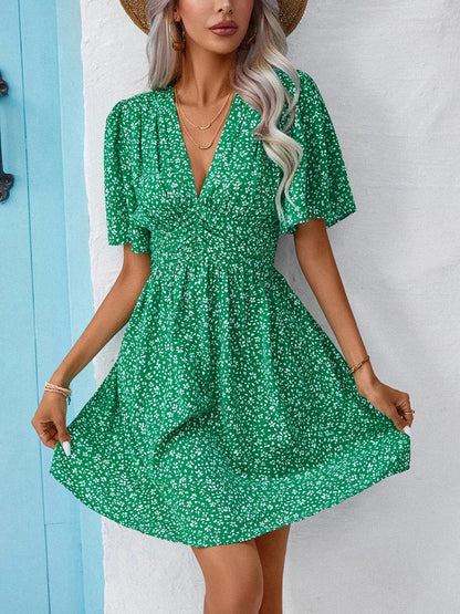 Printed V-Neck Half Sleeve Mini Dress.