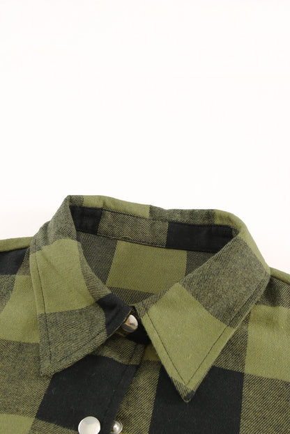 Chic green plaid longline shirt coat with turn-down collar