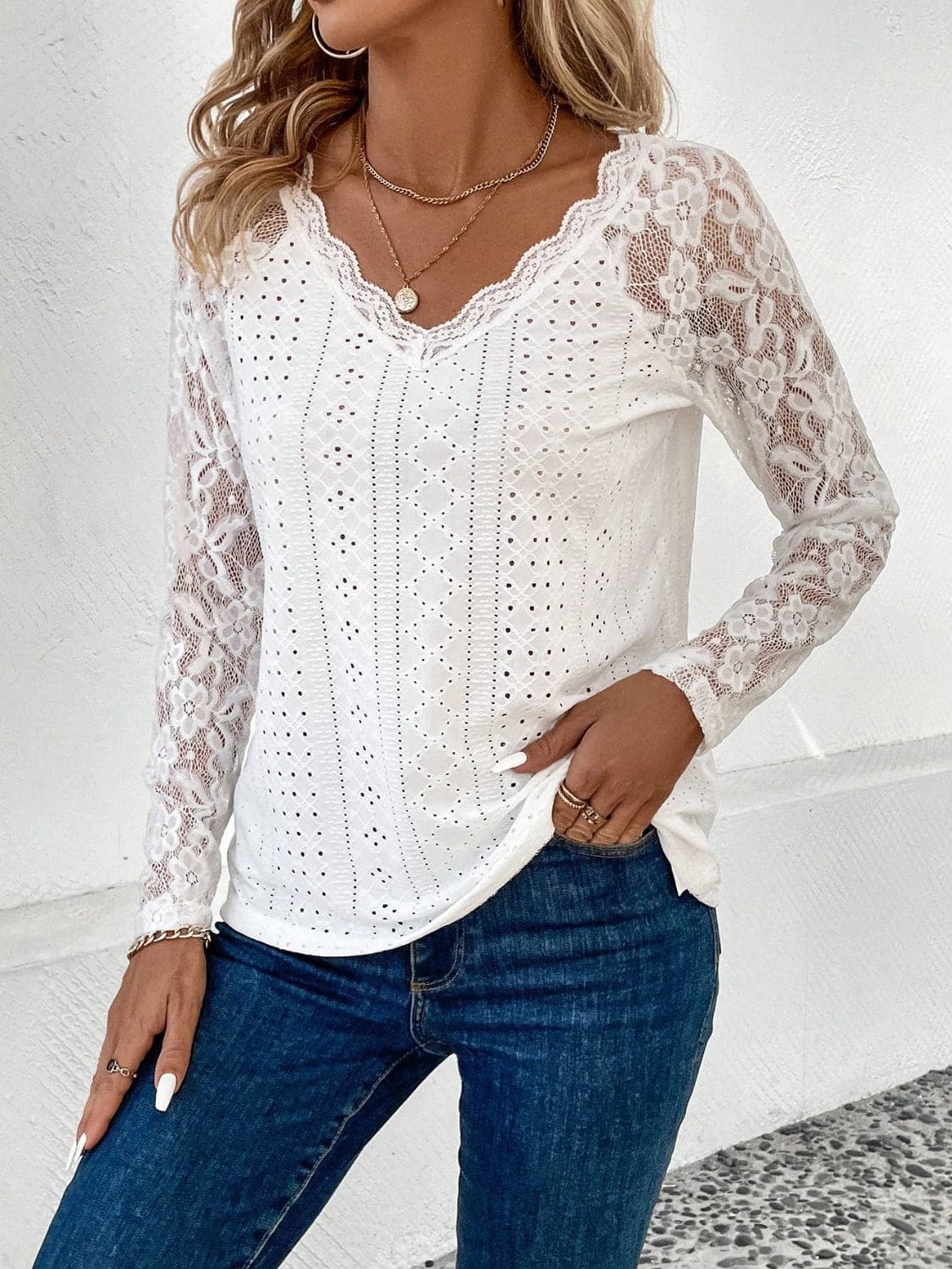 Lace v-neck sheer top - sizes S-2XL