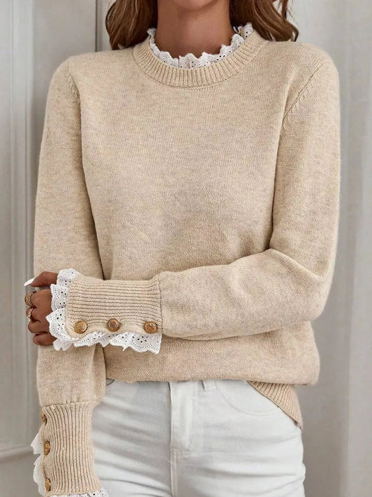 Lace Trim Button Cuff Long Sleeve Sweater Simply Love