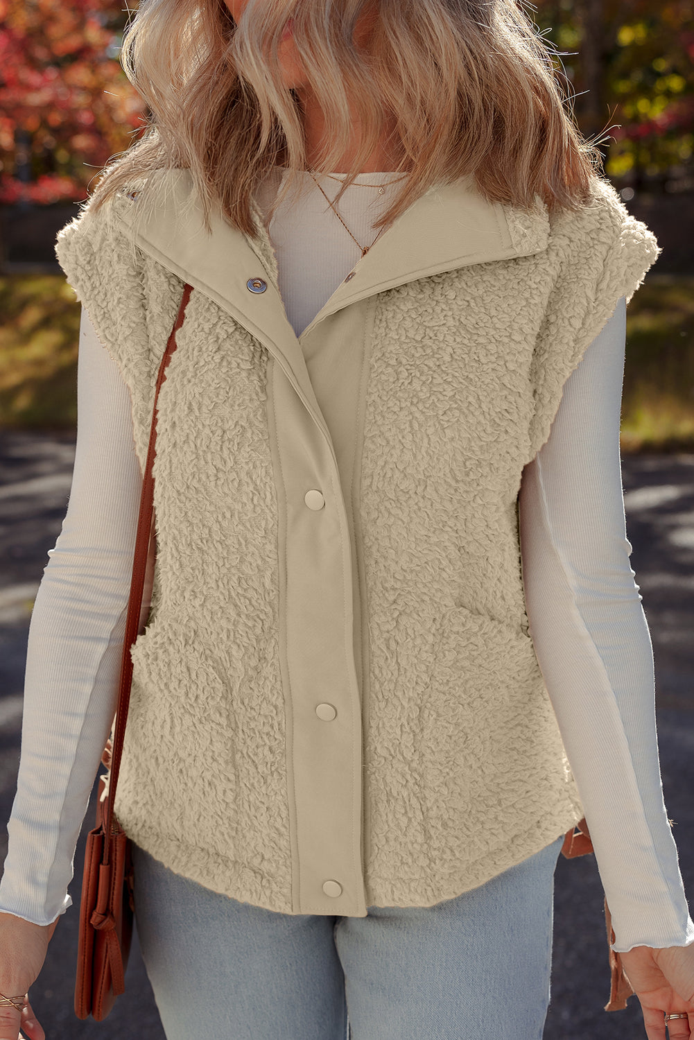 Beige Faux Fur Snap Button Front Knot Side Plush Vest With Pockets Dear-Lover Dropshipping
