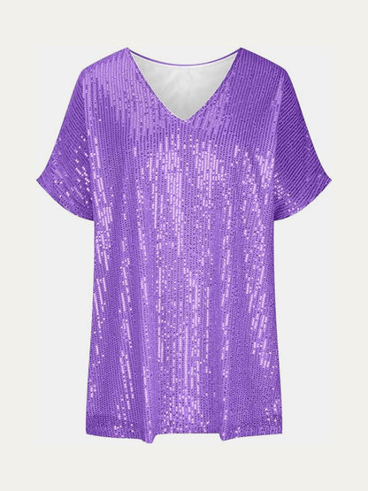 Full Size Sequin V-Neck Short Sleeve Top.