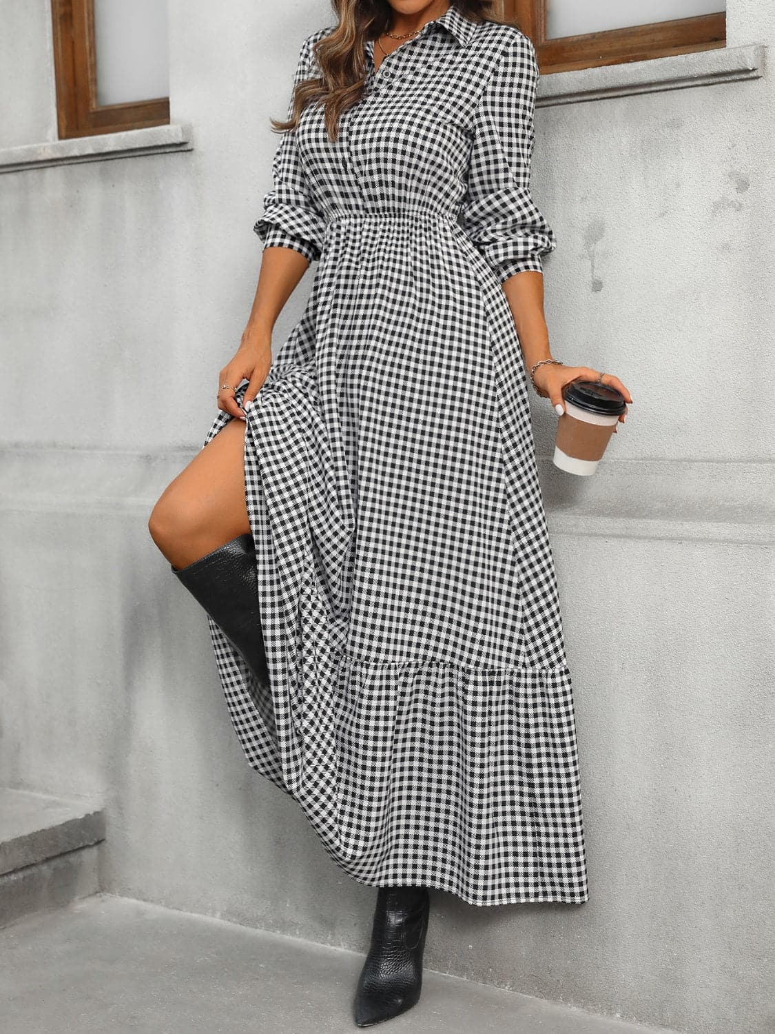 Ruffle Hem Plaid Long Sleeve Dress.