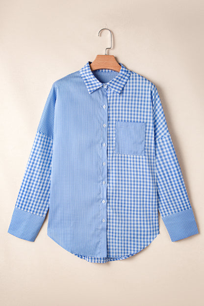 Sky blue plaid patchwork button-up shirt with long sleeves