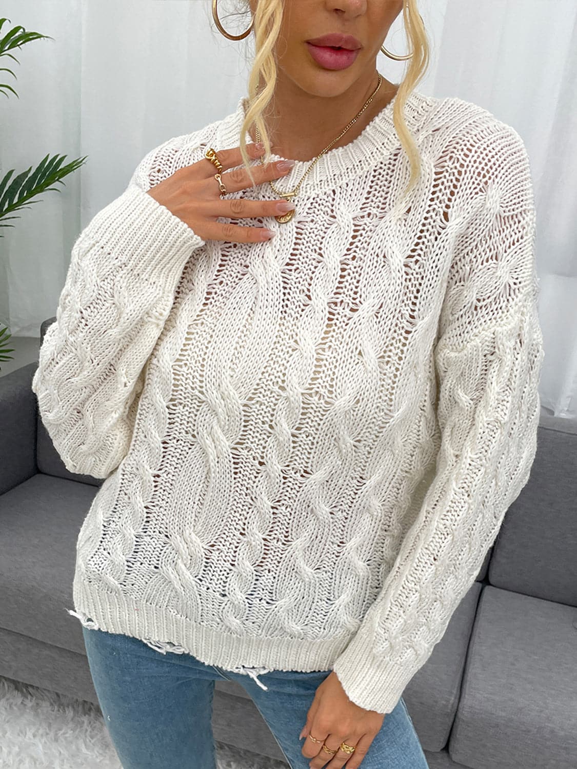 Openwork Distressed Long Sleeve Sweater.