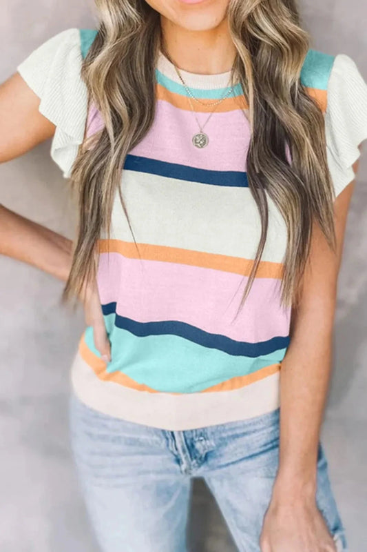 Color Block Round Neck Cap Sleeve Knit Top Simply Love
