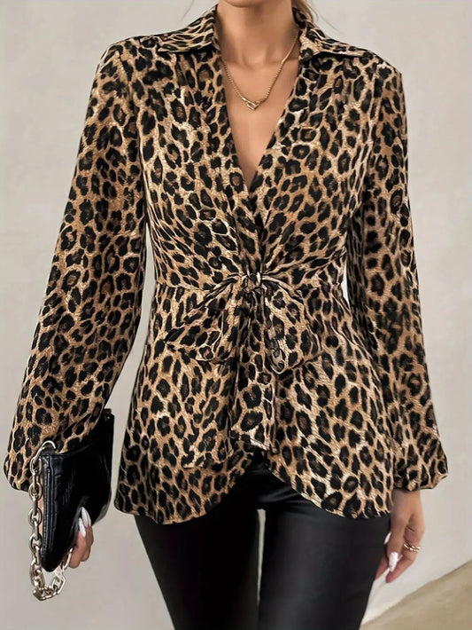 Leopard Print Tie Front Long Sleeve Blouse Simply Love