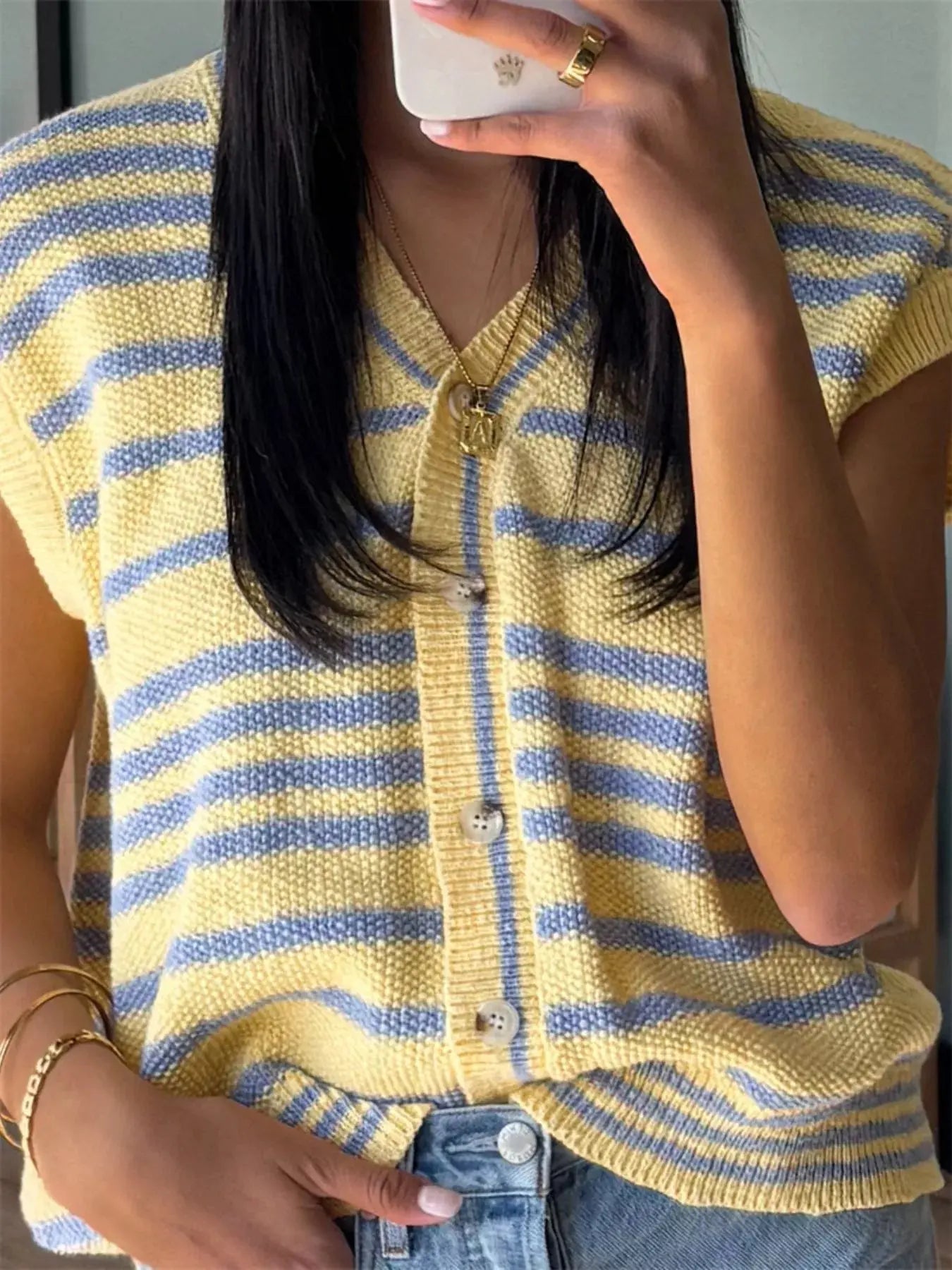 Striped Knit Button Up Cap Sleeve Cardigan Simply Love