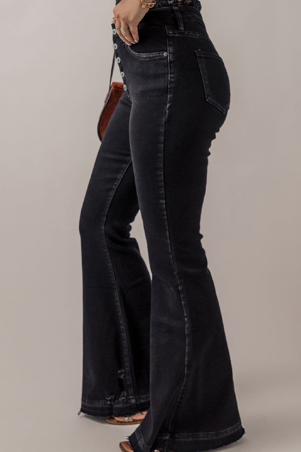 Button-Fly Flare Jeans with Pockets.