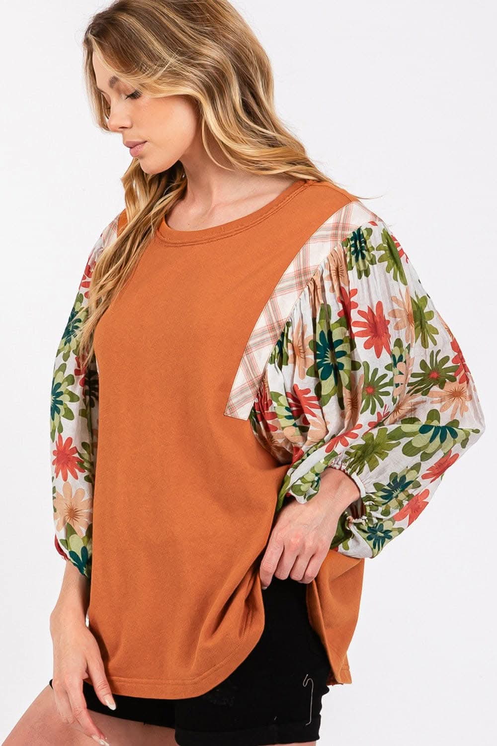 SAGE + FIG Full Size Printed Balloon Sleeve Contrast Top - Love Salve 