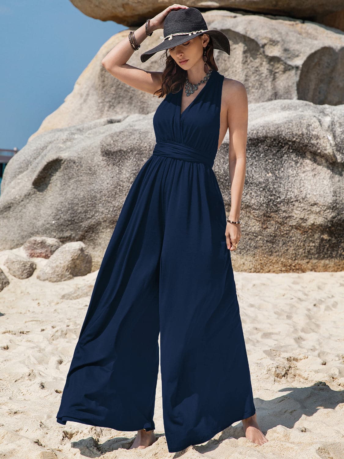 Surplice Wide Leg Jumpsuit with Free Tie.