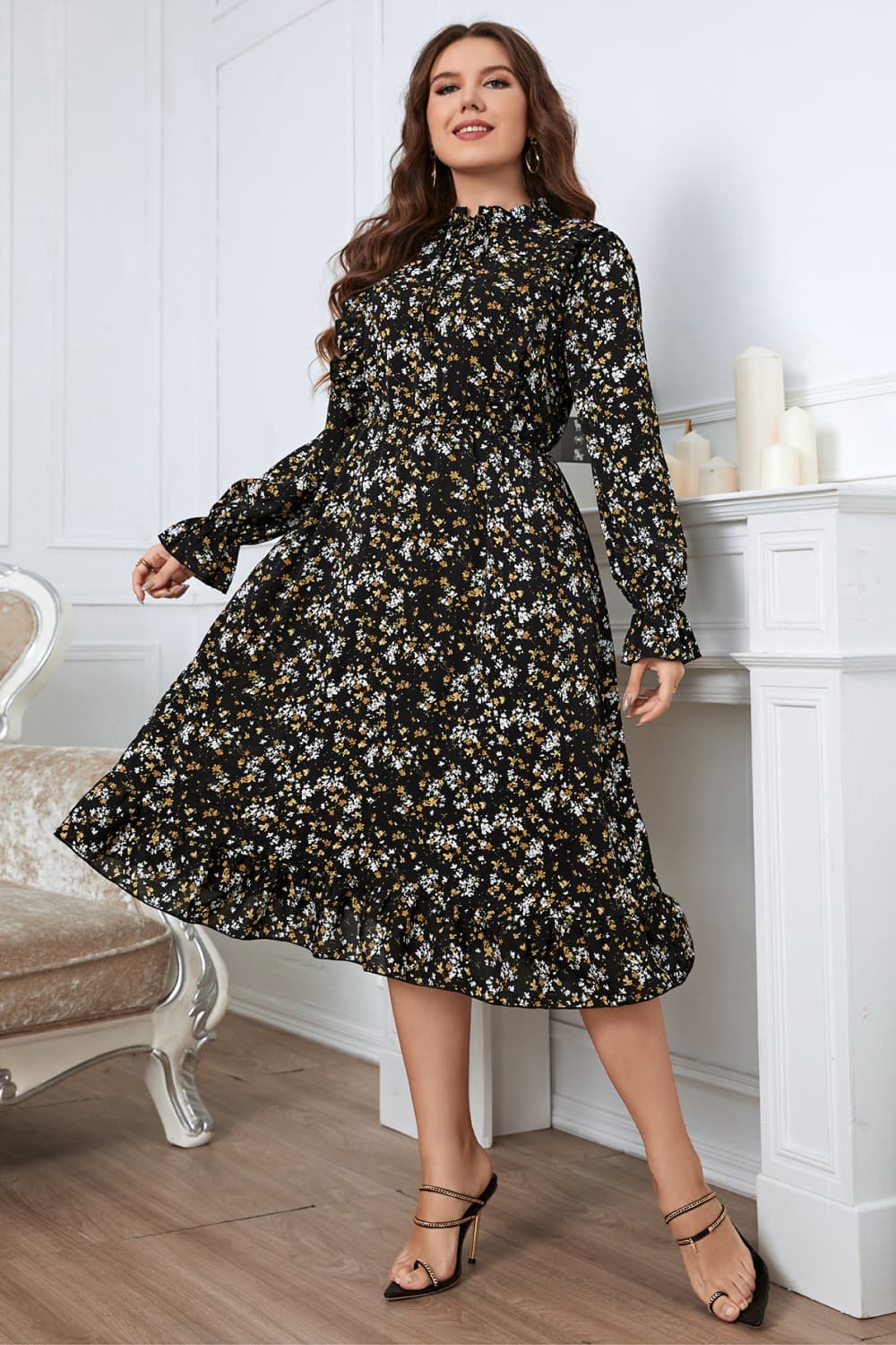 Melo Apparel Plus Size Floral Flounce Sleeve Midi Dress.