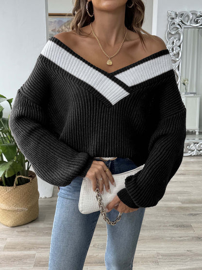 Color Block Dropped Shoulder Long Sleeve Sweater