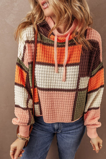 Drawstring Color Block Long Sleeve Sweater.