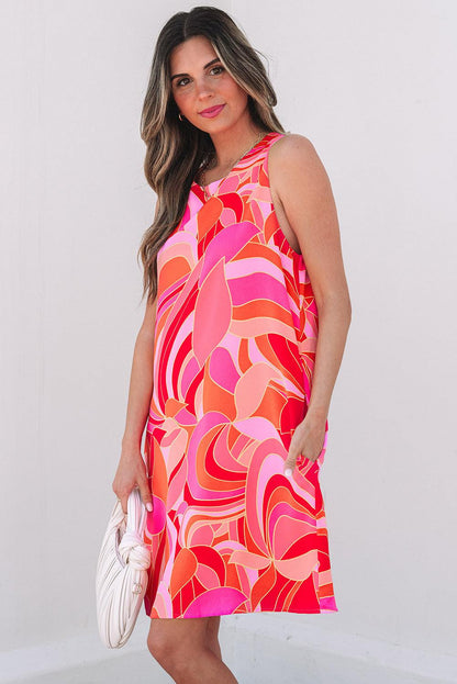 Rose Abstract Floral Print Sleeveless Shift Mini Dress