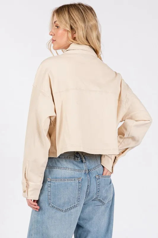 Bytos Button Down Cropped Denim Jacket With Patch Pockets In Cream - Love Salve 