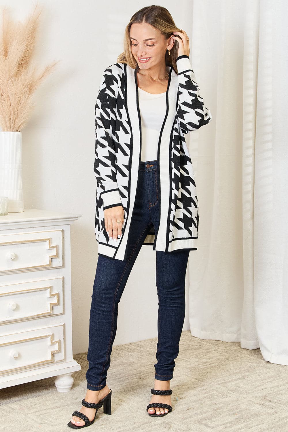 Woven Right Houndstooth Open Front Longline Cardigan.