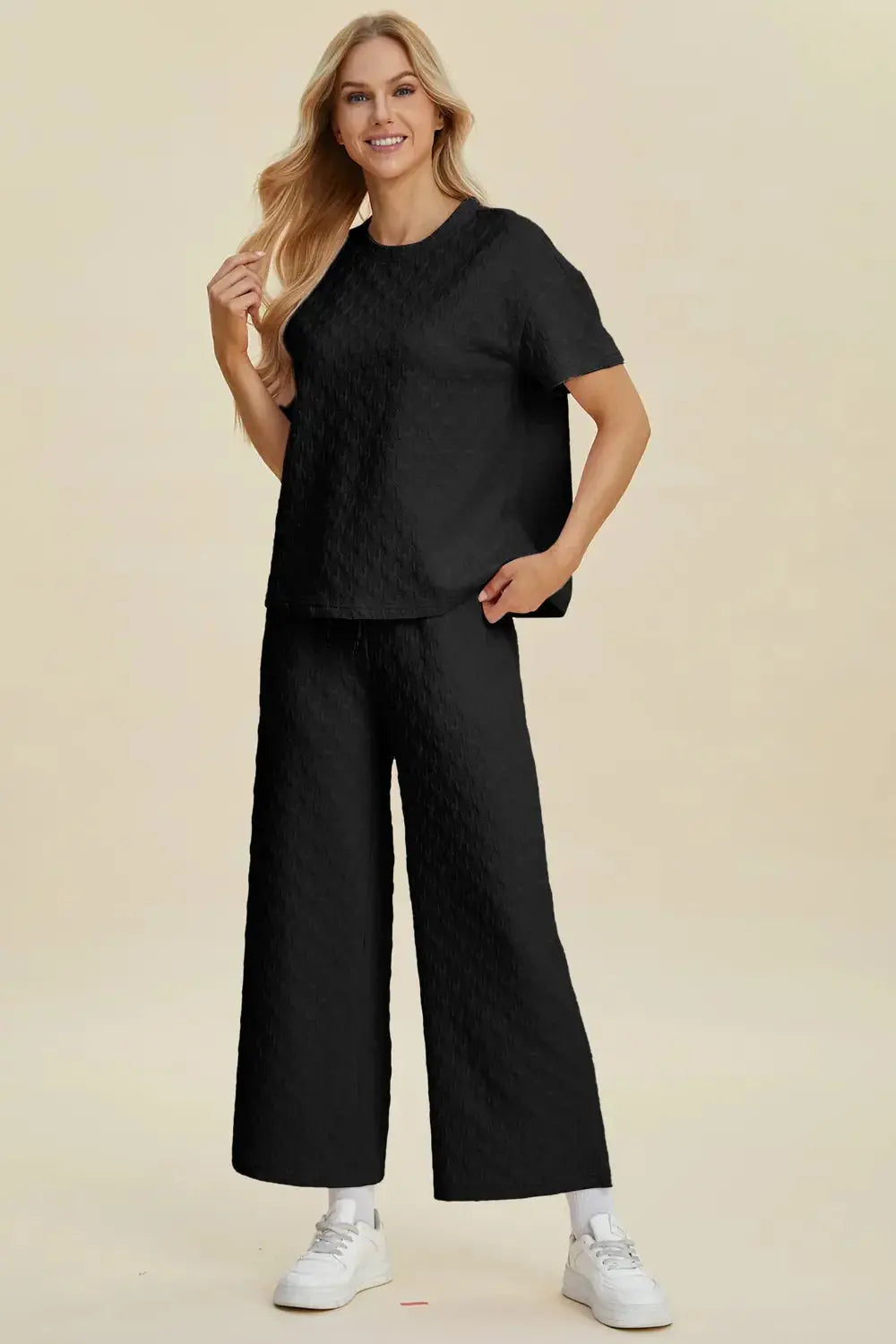 Double Take Full Size Texture Round Neck Short Sleeve Top and Pants Set - Love Salve