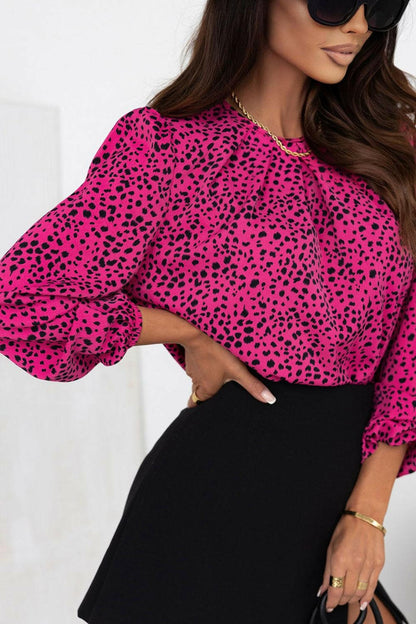 Leopard Round Neck Balloon Sleeve Blouse.