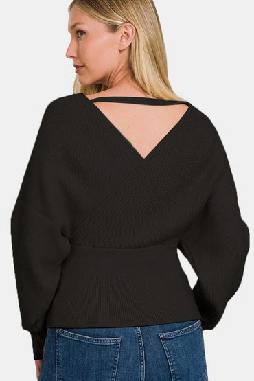 Chic cross wrap ribbed long sleeve pullover sweater