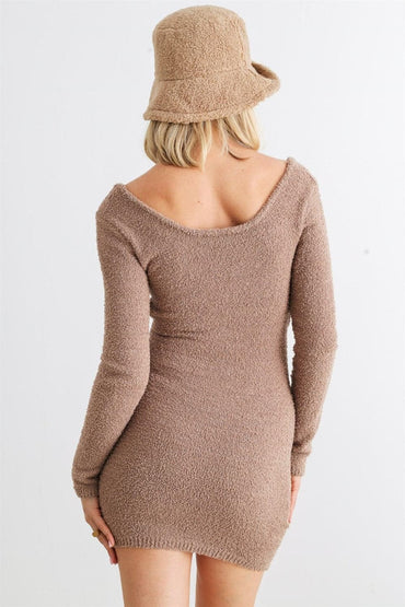 HERA COLLECTION Fluffy Bow Cut-Out Detail Long Sleeve Mini Dress.