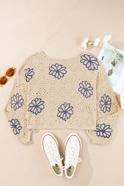 Beige floral eyelet drop shoulder sweater with contrast print