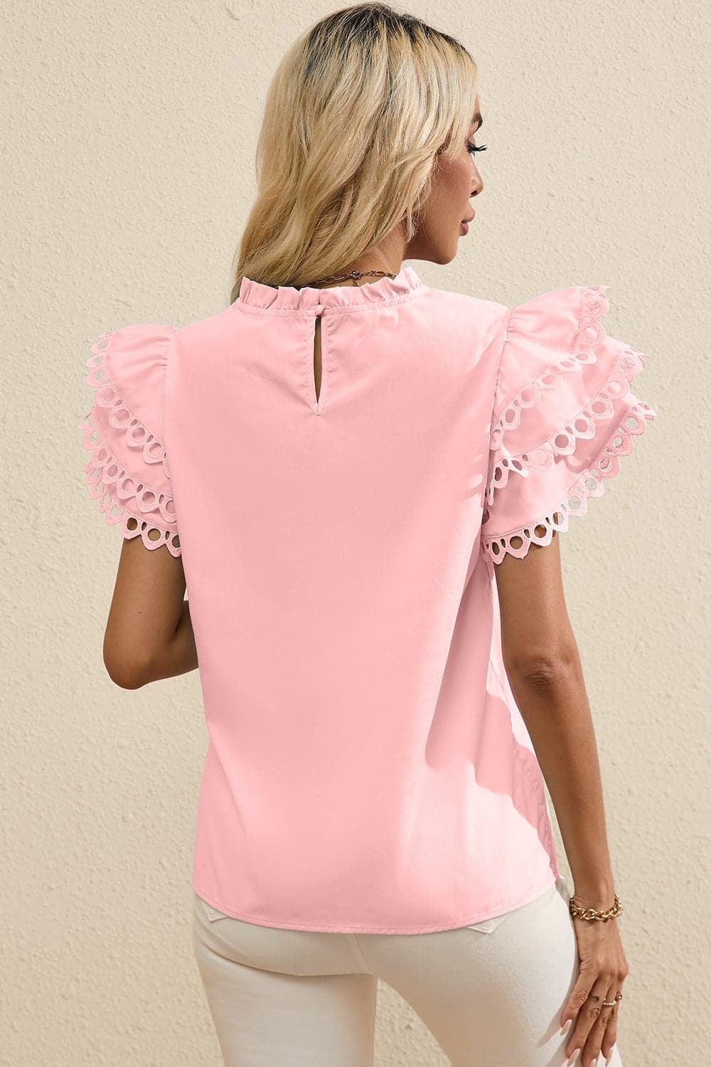 Ruffled Eyelet Round Neck Cap Sleeve Blouse.