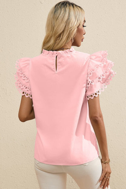 Ruffled Eyelet Round Neck Cap Sleeve Blouse.