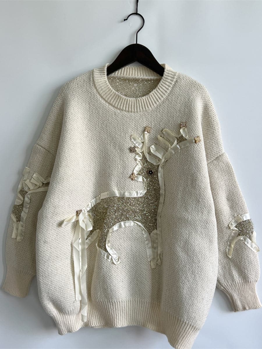 Reindeer Round Neck Long Sleeve Sweater.