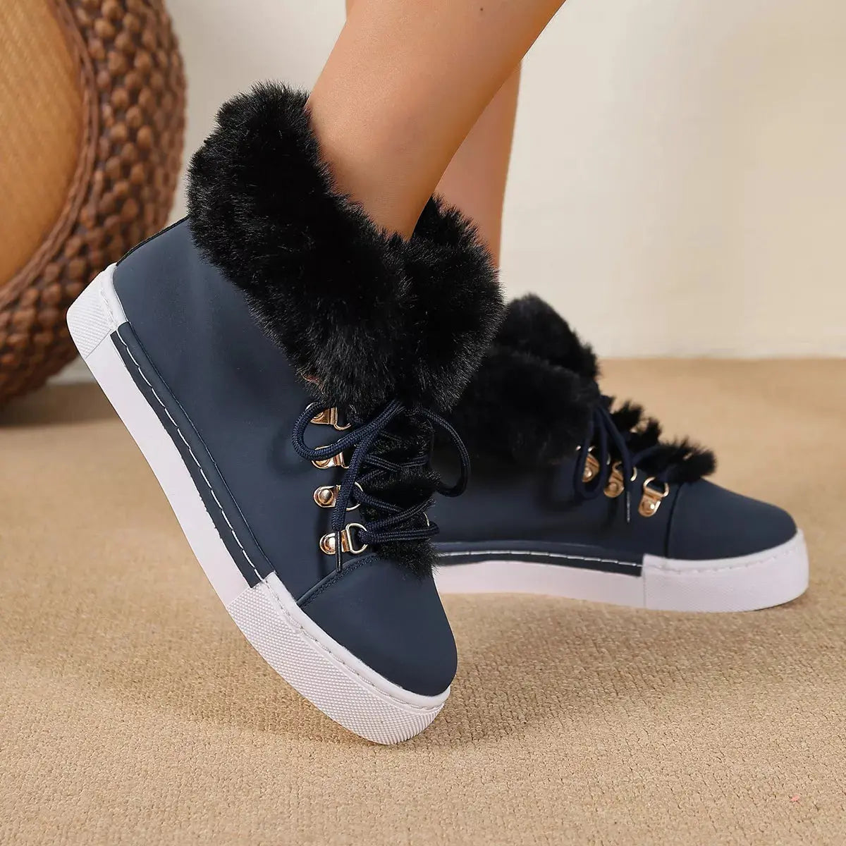 Fuzzy Trim Lace-Up Ankle Boots Simply Love